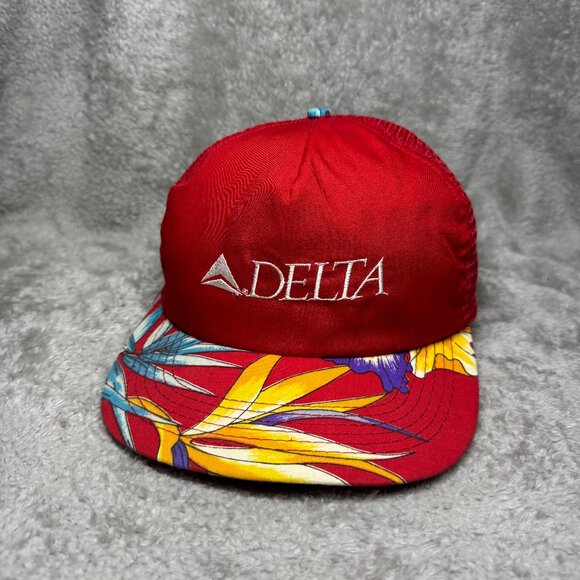 Vintage Delta Airlines Hawaiin Snapback Hat Cap Tropical Floral Red USA Made - Picture 1 of 4